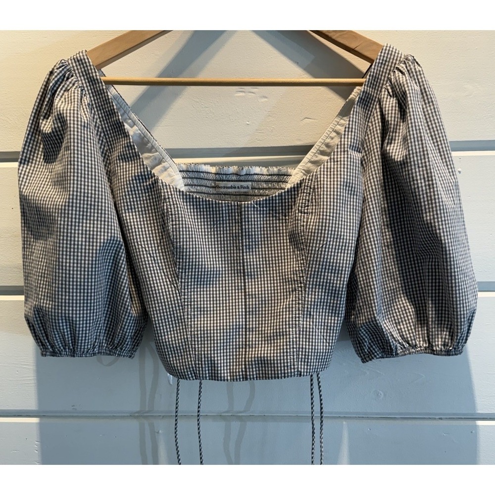 Abercrombie And Fitch Grey Gingham Puff Sleeve Tie Cropped Blouse Size S NWOT